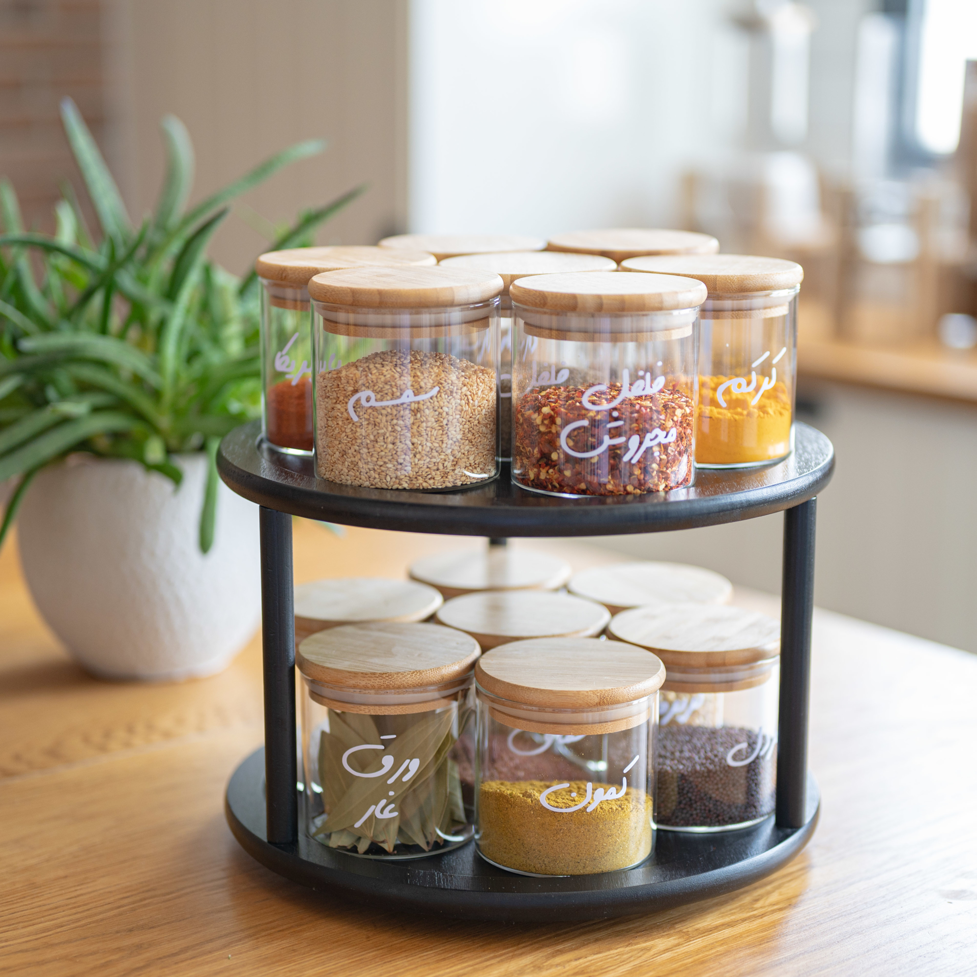 Picture of Rotary Black  Stand 14 Jars 350 ml Set - Natural Wood