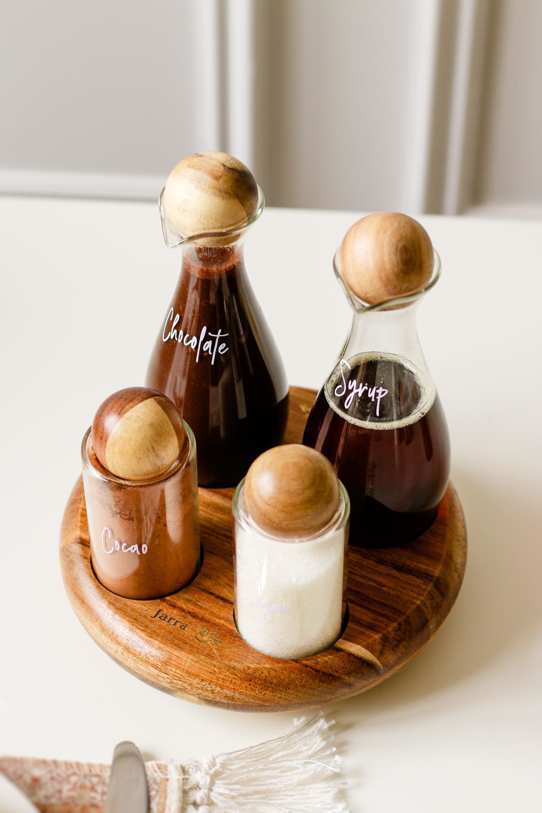 Jarra. Condiments set With Acacia Ball Lid and Acacia Wood stand