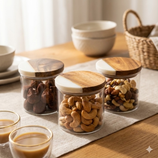 صورة طقم جرات بخشب الأكاسيا والرخام الطبيعي- ٣ قطع